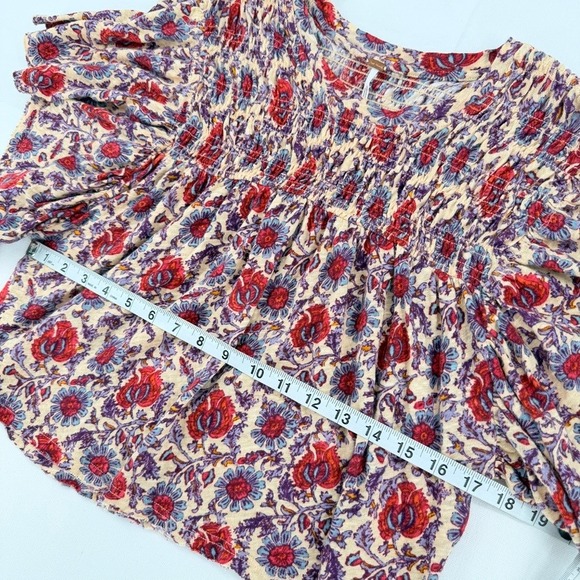 Free People Ruffled Up Printed Smocked Boho Top Linen Blend S - Picture 7 of 12